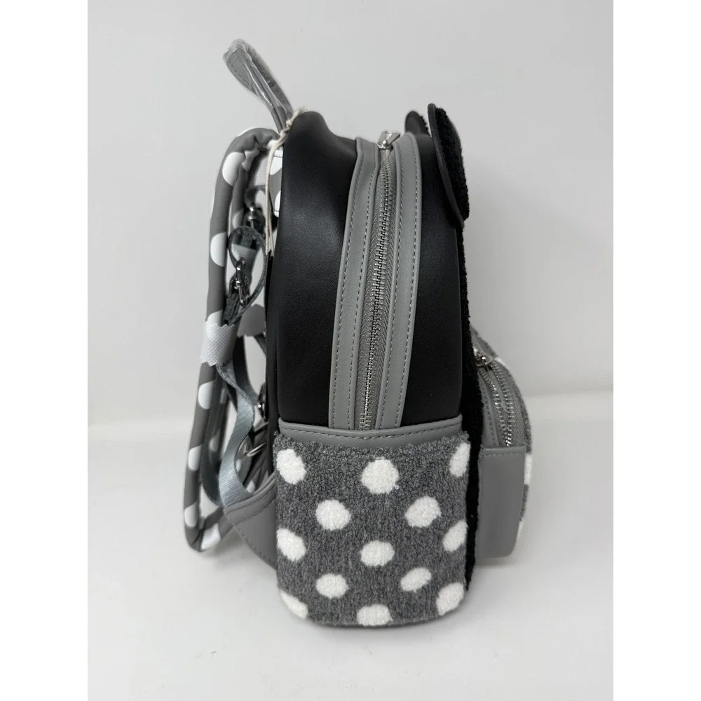Loungefly Disney Minnie Mouse Vintage Polka Dot Sherpa Mini Backpack Black Grey